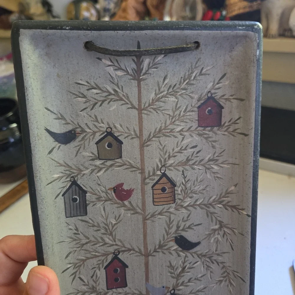 Donna White Birdhouse Birds Hand Painted Wall Hanging Wooden Tray Folk Art Tree
